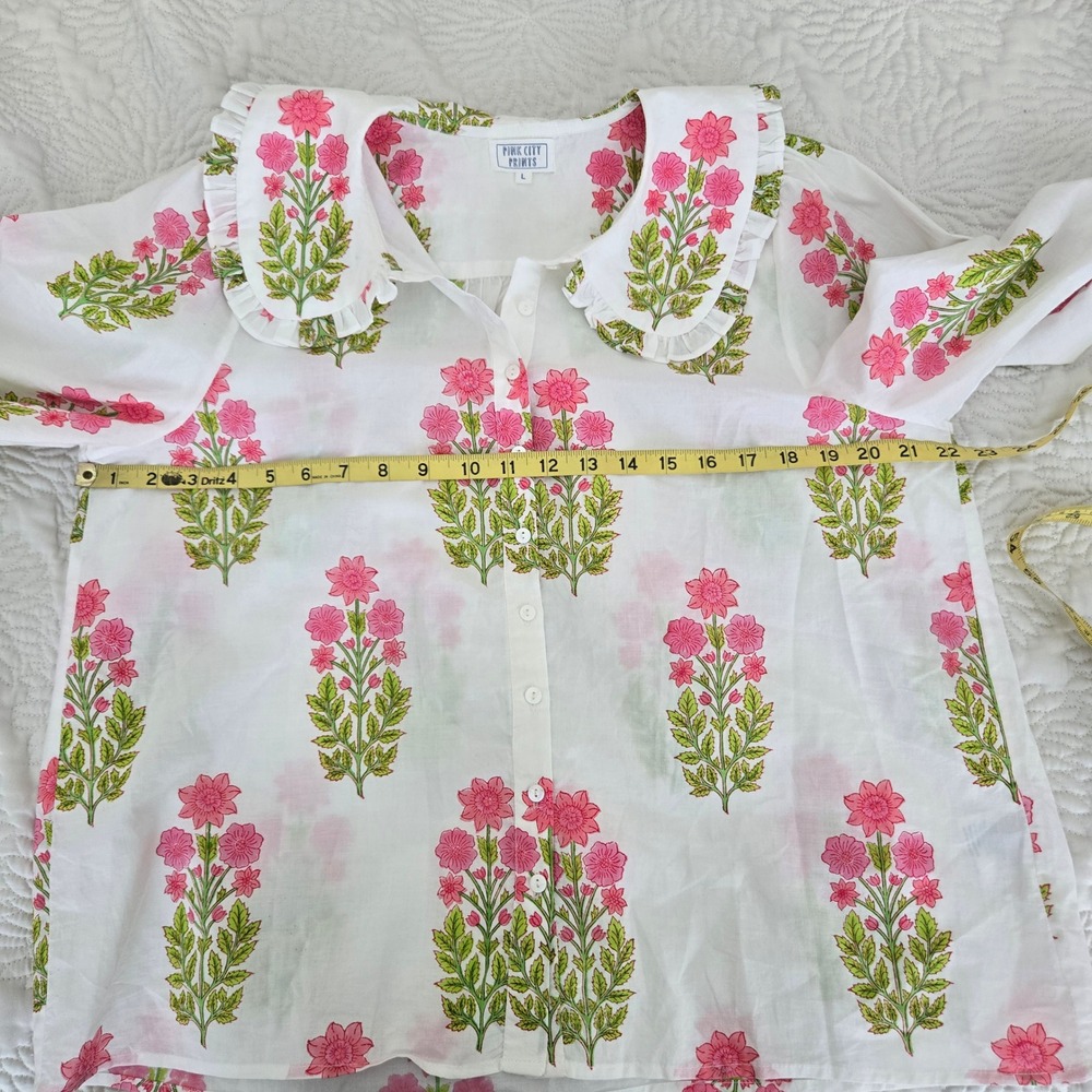 Pink City Prints Isabel White Pink Floral Peter Pan Collar Cotton Blouse Large - Picture 7 of 7